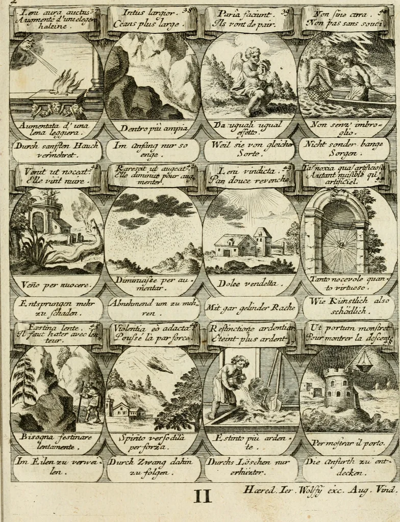 An illustration from M. Laurentii Wolfgangi Woyttens Emblematischer Parnassus : worauf die Musen, ihre Blumen-Lese, zu allerhand Freuden und Trauer-Kräntzen halten : um, den Lob-werthen Tugend-Chor, durch angenehme Rosen : hergegen, das ungezähmte Laster-Thun, mit wildem Dorn- und Distel-Flor, zu krönen : nach specialem Verlangen, in einem Gefilde, von funffzehen Hundert in dreyen verschiedlichen Theilen verfassten .., 1727, leaf 102