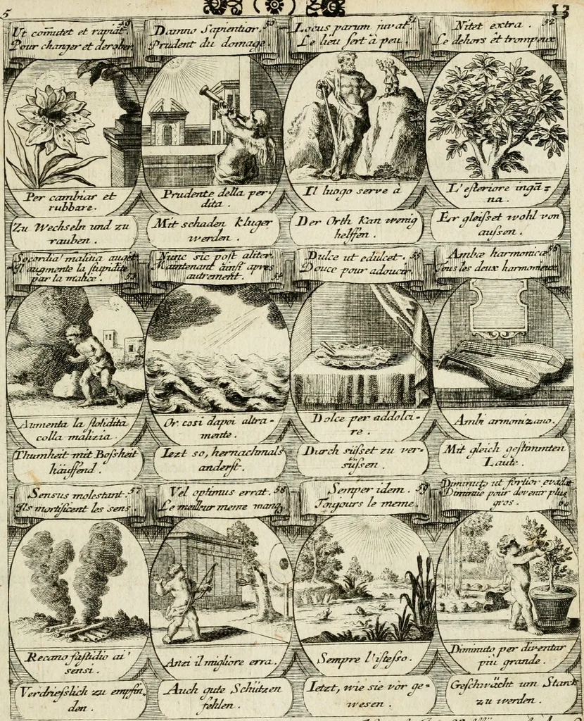 An illustration from M. Laurentii Wolfgangi Woyttens Emblematischer Parnassus : worauf die Musen, ihre Blumen-Lese, zu allerhand Freuden und Trauer-Kräntzen halten : um, den Lob-werthen Tugend-Chor, durch angenehme Rosen : hergegen, das ungezähmte Laster-Thun, mit wildem Dorn- und Distel-Flor, zu krönen : nach specialem Verlangen, in einem Gefilde, von funffzehen Hundert in dreyen verschiedlichen Theilen verfassten .., 1727, leaf 104