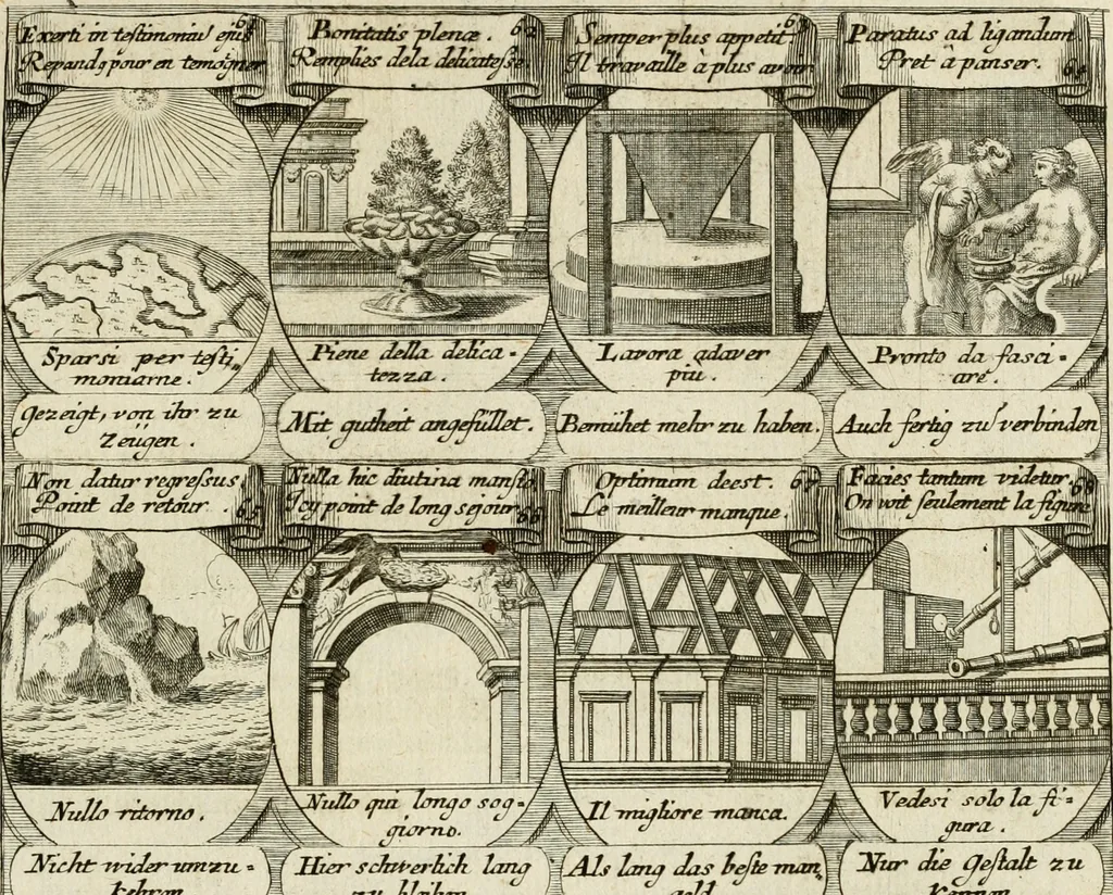 An illustration from M. Laurentii Wolfgangi Woyttens Emblematischer Parnassus : worauf die Musen, ihre Blumen-Lese, zu allerhand Freuden und Trauer-Kräntzen halten : um, den Lob-werthen Tugend-Chor, durch angenehme Rosen : hergegen, das ungezähmte Laster-Thun, mit wildem Dorn- und Distel-Flor, zu krönen : nach specialem Verlangen, in einem Gefilde, von funffzehen Hundert in dreyen verschiedlichen Theilen verfassten .., 1727, leaf 106