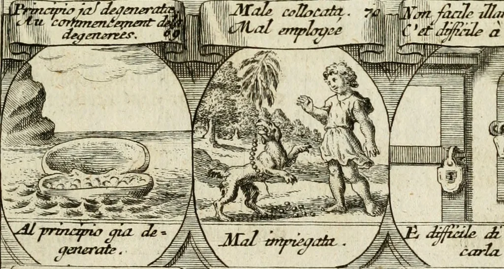 An illustration from M. Laurentii Wolfgangi Woyttens Emblematischer Parnassus : worauf die Musen, ihre Blumen-Lese, zu allerhand Freuden und Trauer-Kräntzen halten : um, den Lob-werthen Tugend-Chor, durch angenehme Rosen : hergegen, das ungezähmte Laster-Thun, mit wildem Dorn- und Distel-Flor, zu krönen : nach specialem Verlangen, in einem Gefilde, von funffzehen Hundert in dreyen verschiedlichen Theilen verfassten .., 1727, leaf 106
