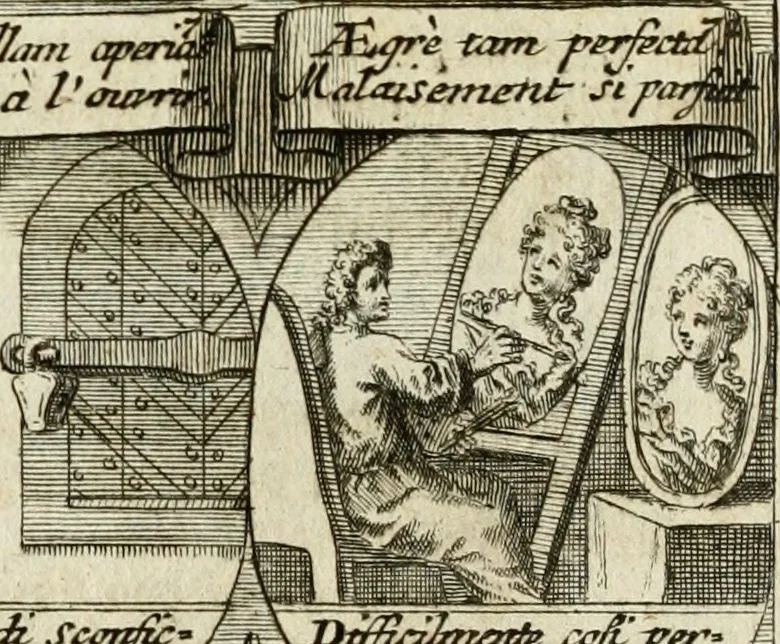 An illustration from M. Laurentii Wolfgangi Woyttens Emblematischer Parnassus : worauf die Musen, ihre Blumen-Lese, zu allerhand Freuden und Trauer-Kräntzen halten : um, den Lob-werthen Tugend-Chor, durch angenehme Rosen : hergegen, das ungezähmte Laster-Thun, mit wildem Dorn- und Distel-Flor, zu krönen : nach specialem Verlangen, in einem Gefilde, von funffzehen Hundert in dreyen verschiedlichen Theilen verfassten .., 1727, leaf 106