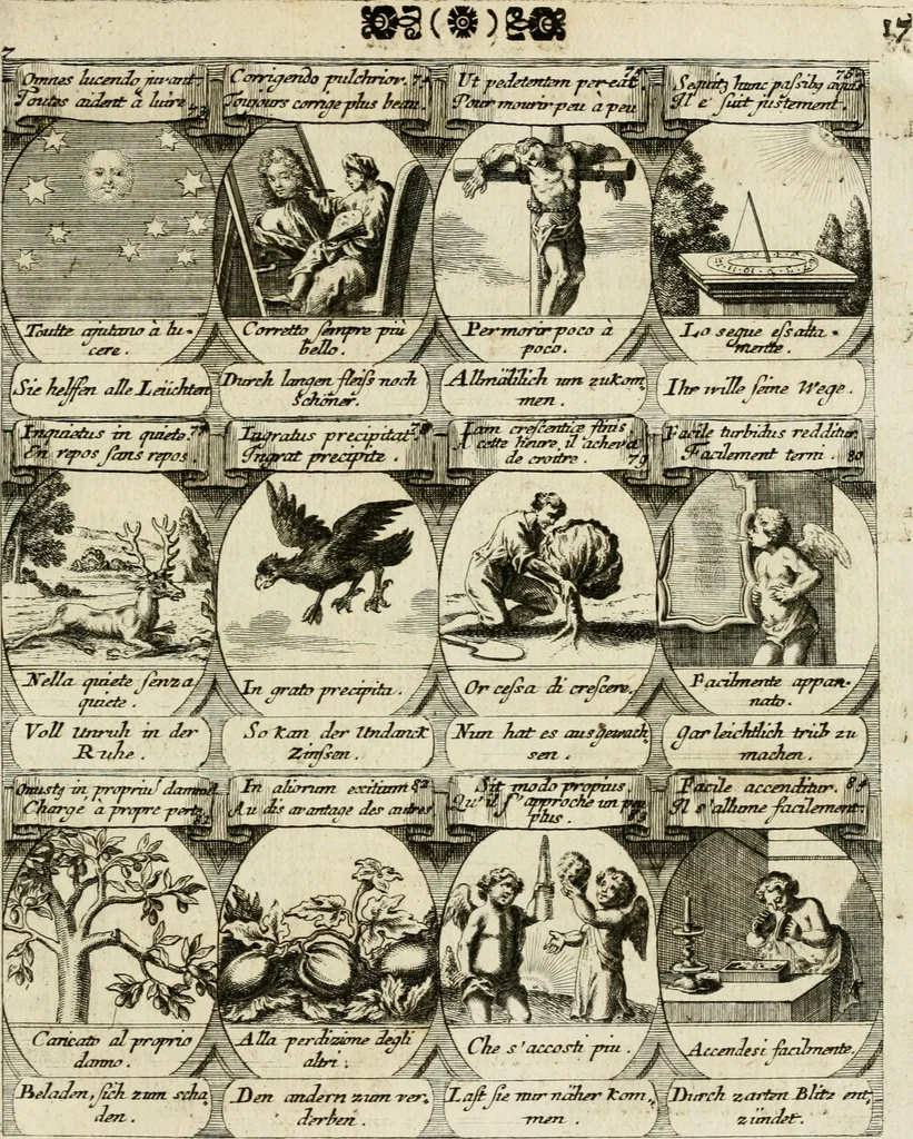 An illustration from M. Laurentii Wolfgangi Woyttens Emblematischer Parnassus : worauf die Musen, ihre Blumen-Lese, zu allerhand Freuden und Trauer-Kräntzen halten : um, den Lob-werthen Tugend-Chor, durch angenehme Rosen : hergegen, das ungezähmte Laster-Thun, mit wildem Dorn- und Distel-Flor, zu krönen : nach specialem Verlangen, in einem Gefilde, von funffzehen Hundert in dreyen verschiedlichen Theilen verfassten .., 1727, leaf 108