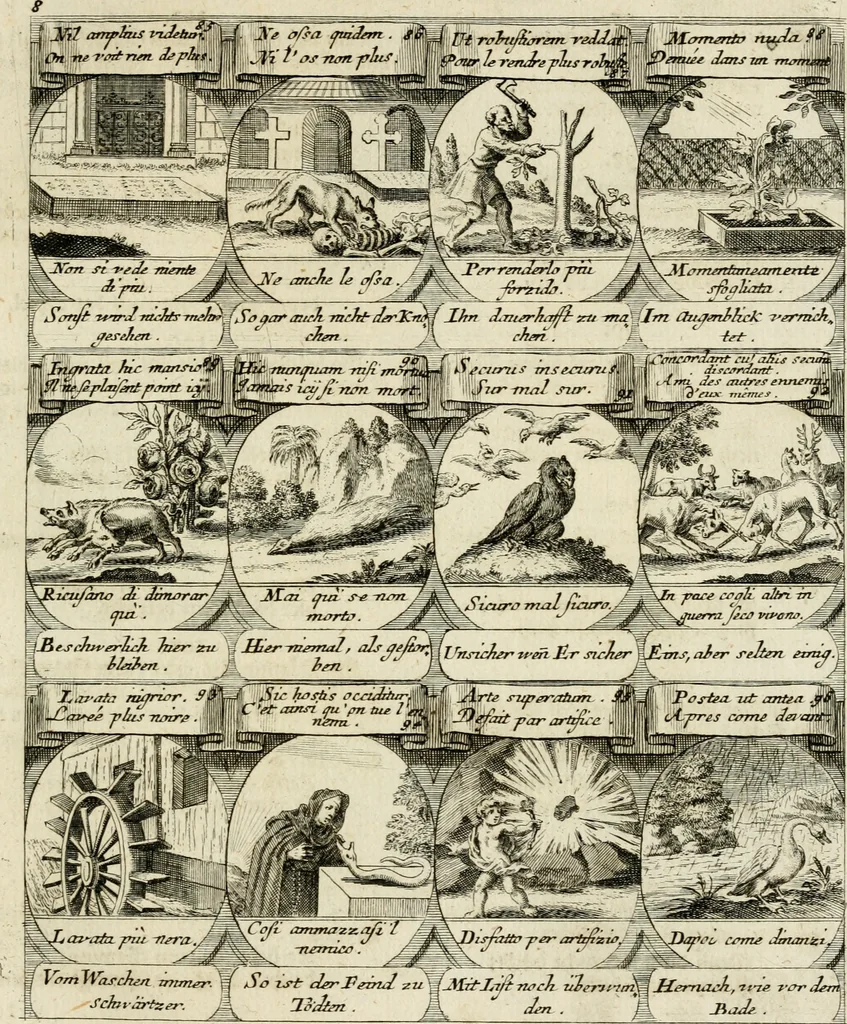 An illustration from M. Laurentii Wolfgangi Woyttens Emblematischer Parnassus : worauf die Musen, ihre Blumen-Lese, zu allerhand Freuden und Trauer-Kräntzen halten : um, den Lob-werthen Tugend-Chor, durch angenehme Rosen : hergegen, das ungezähmte Laster-Thun, mit wildem Dorn- und Distel-Flor, zu krönen : nach specialem Verlangen, in einem Gefilde, von funffzehen Hundert in dreyen verschiedlichen Theilen verfassten .., 1727, leaf 110