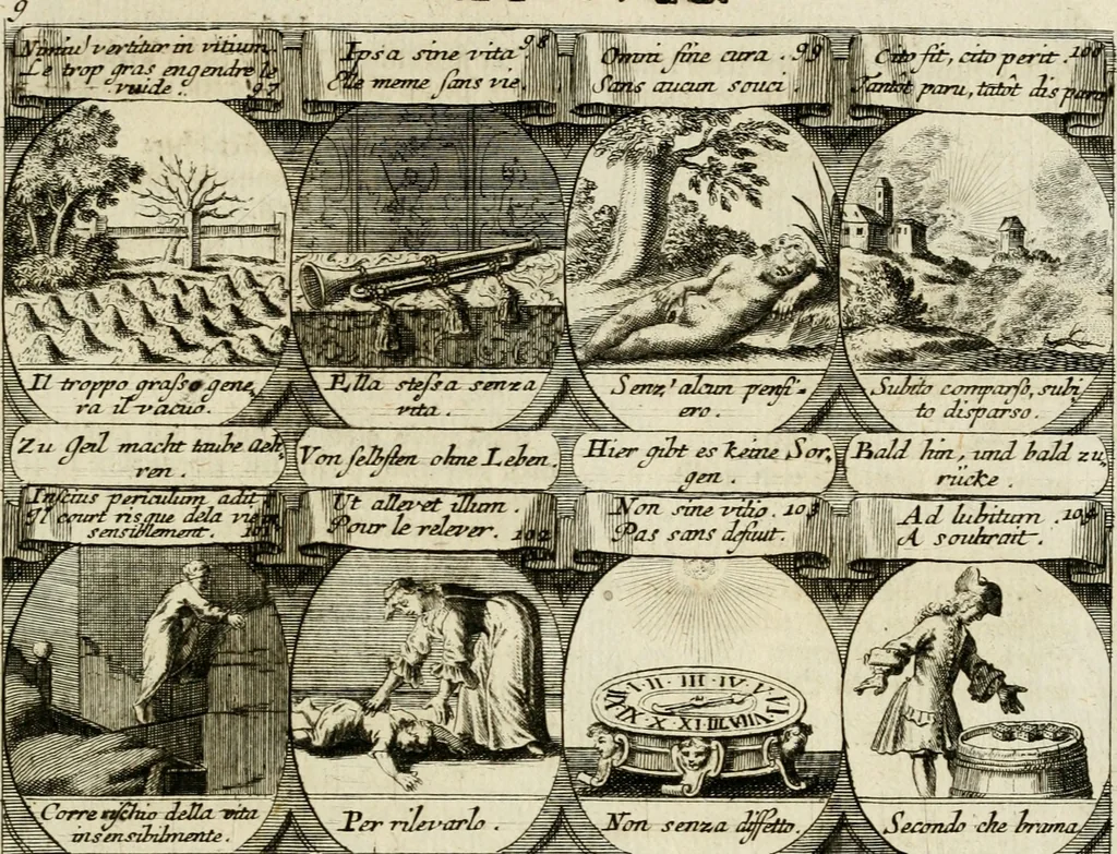 An illustration from M. Laurentii Wolfgangi Woyttens Emblematischer Parnassus : worauf die Musen, ihre Blumen-Lese, zu allerhand Freuden und Trauer-Kräntzen halten : um, den Lob-werthen Tugend-Chor, durch angenehme Rosen : hergegen, das ungezähmte Laster-Thun, mit wildem Dorn- und Distel-Flor, zu krönen : nach specialem Verlangen, in einem Gefilde, von funffzehen Hundert in dreyen verschiedlichen Theilen verfassten .., 1727, leaf 112