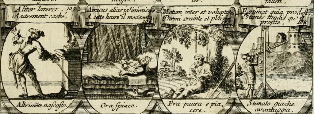 An illustration from M. Laurentii Wolfgangi Woyttens Emblematischer Parnassus : worauf die Musen, ihre Blumen-Lese, zu allerhand Freuden und Trauer-Kräntzen halten : um, den Lob-werthen Tugend-Chor, durch angenehme Rosen : hergegen, das ungezähmte Laster-Thun, mit wildem Dorn- und Distel-Flor, zu krönen : nach specialem Verlangen, in einem Gefilde, von funffzehen Hundert in dreyen verschiedlichen Theilen verfassten .., 1727, leaf 112