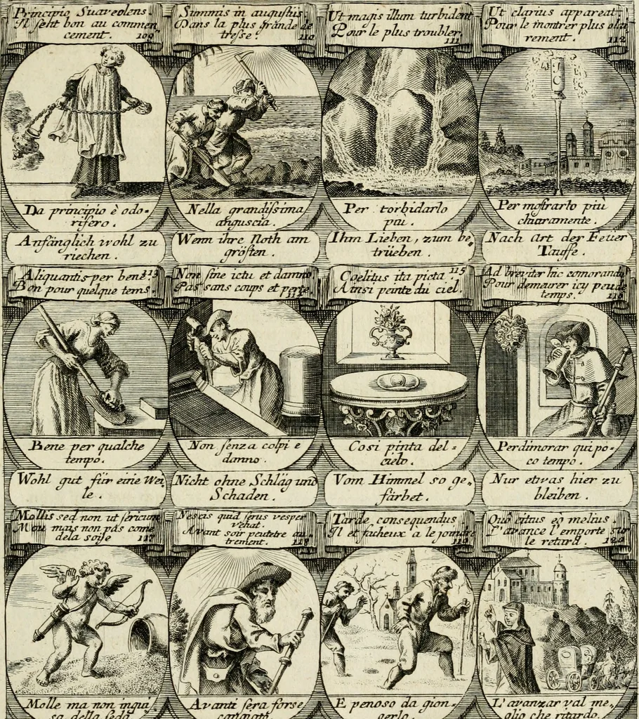 An illustration from M. Laurentii Wolfgangi Woyttens Emblematischer Parnassus : worauf die Musen, ihre Blumen-Lese, zu allerhand Freuden und Trauer-Kräntzen halten : um, den Lob-werthen Tugend-Chor, durch angenehme Rosen : hergegen, das ungezähmte Laster-Thun, mit wildem Dorn- und Distel-Flor, zu krönen : nach specialem Verlangen, in einem Gefilde, von funffzehen Hundert in dreyen verschiedlichen Theilen verfassten .., 1727, leaf 114