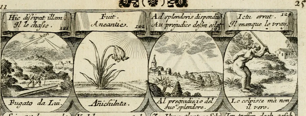 An illustration from M. Laurentii Wolfgangi Woyttens Emblematischer Parnassus : worauf die Musen, ihre Blumen-Lese, zu allerhand Freuden und Trauer-Kräntzen halten : um, den Lob-werthen Tugend-Chor, durch angenehme Rosen : hergegen, das ungezähmte Laster-Thun, mit wildem Dorn- und Distel-Flor, zu krönen : nach specialem Verlangen, in einem Gefilde, von funffzehen Hundert in dreyen verschiedlichen Theilen verfassten .., 1727, leaf 116
