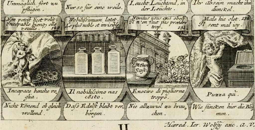 An illustration from M. Laurentii Wolfgangi Woyttens Emblematischer Parnassus : worauf die Musen, ihre Blumen-Lese, zu allerhand Freuden und Trauer-Kräntzen halten : um, den Lob-werthen Tugend-Chor, durch angenehme Rosen : hergegen, das ungezähmte Laster-Thun, mit wildem Dorn- und Distel-Flor, zu krönen : nach specialem Verlangen, in einem Gefilde, von funffzehen Hundert in dreyen verschiedlichen Theilen verfassten .., 1727, leaf 116