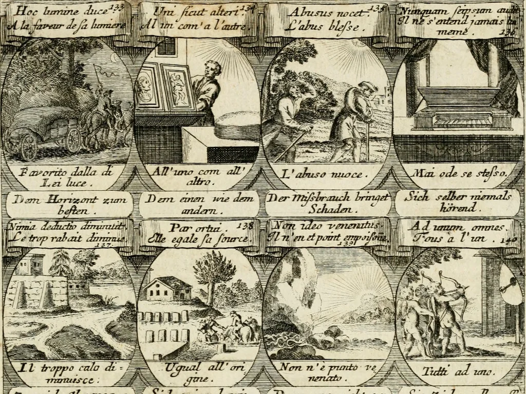 An illustration from M. Laurentii Wolfgangi Woyttens Emblematischer Parnassus : worauf die Musen, ihre Blumen-Lese, zu allerhand Freuden und Trauer-Kräntzen halten : um, den Lob-werthen Tugend-Chor, durch angenehme Rosen : hergegen, das ungezähmte Laster-Thun, mit wildem Dorn- und Distel-Flor, zu krönen : nach specialem Verlangen, in einem Gefilde, von funffzehen Hundert in dreyen verschiedlichen Theilen verfassten .., 1727, leaf 118