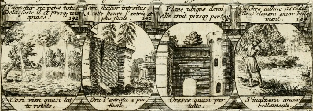 An illustration from M. Laurentii Wolfgangi Woyttens Emblematischer Parnassus : worauf die Musen, ihre Blumen-Lese, zu allerhand Freuden und Trauer-Kräntzen halten : um, den Lob-werthen Tugend-Chor, durch angenehme Rosen : hergegen, das ungezähmte Laster-Thun, mit wildem Dorn- und Distel-Flor, zu krönen : nach specialem Verlangen, in einem Gefilde, von funffzehen Hundert in dreyen verschiedlichen Theilen verfassten .., 1727, leaf 118