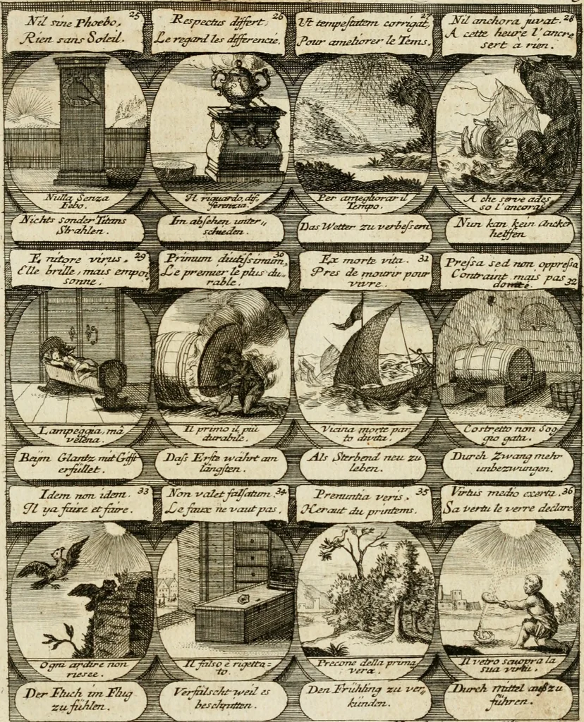 An illustration from M. Laurentii Wolfgangi Woyttens Emblematischer Parnassus : worauf die Musen, ihre Blumen-Lese, zu allerhand Freuden und Trauer-Kräntzen halten : um, den Lob-werthen Tugend-Chor, durch angenehme Rosen : hergegen, das ungezähmte Laster-Thun, mit wildem Dorn- und Distel-Flor, zu krönen : nach specialem Verlangen, in einem Gefilde, von funffzehen Hundert in dreyen verschiedlichen Theilen verfassten .., 1727, leaf 12