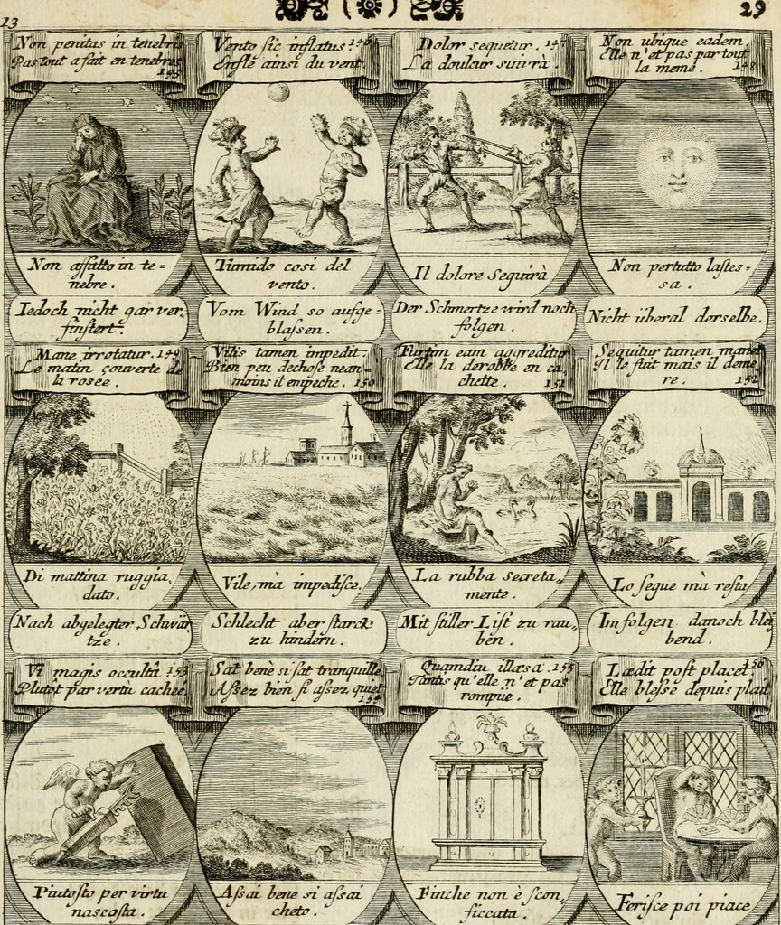 An illustration from M. Laurentii Wolfgangi Woyttens Emblematischer Parnassus : worauf die Musen, ihre Blumen-Lese, zu allerhand Freuden und Trauer-Kräntzen halten : um, den Lob-werthen Tugend-Chor, durch angenehme Rosen : hergegen, das ungezähmte Laster-Thun, mit wildem Dorn- und Distel-Flor, zu krönen : nach specialem Verlangen, in einem Gefilde, von funffzehen Hundert in dreyen verschiedlichen Theilen verfassten .., 1727, leaf 120