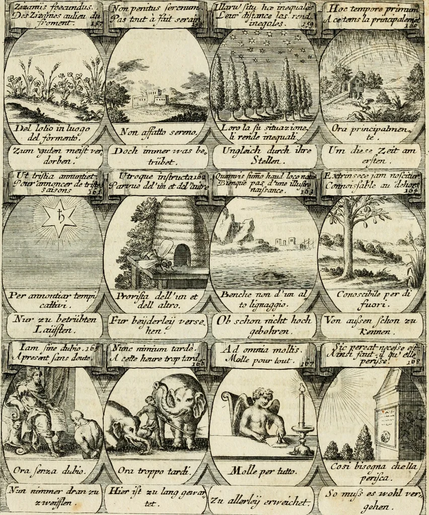 An illustration from M. Laurentii Wolfgangi Woyttens Emblematischer Parnassus : worauf die Musen, ihre Blumen-Lese, zu allerhand Freuden und Trauer-Kräntzen halten : um, den Lob-werthen Tugend-Chor, durch angenehme Rosen : hergegen, das ungezähmte Laster-Thun, mit wildem Dorn- und Distel-Flor, zu krönen : nach specialem Verlangen, in einem Gefilde, von funffzehen Hundert in dreyen verschiedlichen Theilen verfassten .., 1727, leaf 122