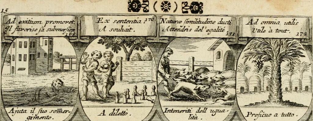 An illustration from M. Laurentii Wolfgangi Woyttens Emblematischer Parnassus : worauf die Musen, ihre Blumen-Lese, zu allerhand Freuden und Trauer-Kräntzen halten : um, den Lob-werthen Tugend-Chor, durch angenehme Rosen : hergegen, das ungezähmte Laster-Thun, mit wildem Dorn- und Distel-Flor, zu krönen : nach specialem Verlangen, in einem Gefilde, von funffzehen Hundert in dreyen verschiedlichen Theilen verfassten .., 1727, leaf 124