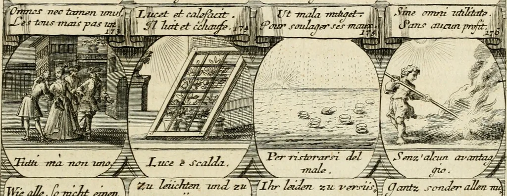 An illustration from M. Laurentii Wolfgangi Woyttens Emblematischer Parnassus : worauf die Musen, ihre Blumen-Lese, zu allerhand Freuden und Trauer-Kräntzen halten : um, den Lob-werthen Tugend-Chor, durch angenehme Rosen : hergegen, das ungezähmte Laster-Thun, mit wildem Dorn- und Distel-Flor, zu krönen : nach specialem Verlangen, in einem Gefilde, von funffzehen Hundert in dreyen verschiedlichen Theilen verfassten .., 1727, leaf 124