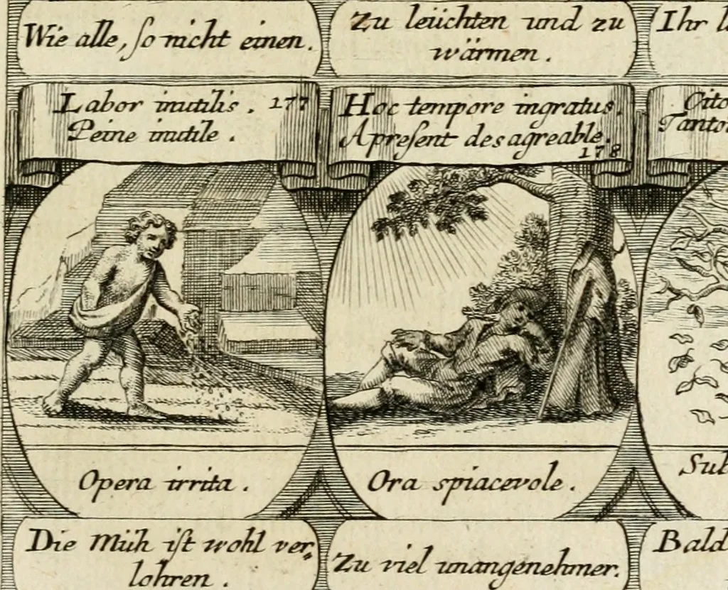 An illustration from M. Laurentii Wolfgangi Woyttens Emblematischer Parnassus : worauf die Musen, ihre Blumen-Lese, zu allerhand Freuden und Trauer-Kräntzen halten : um, den Lob-werthen Tugend-Chor, durch angenehme Rosen : hergegen, das ungezähmte Laster-Thun, mit wildem Dorn- und Distel-Flor, zu krönen : nach specialem Verlangen, in einem Gefilde, von funffzehen Hundert in dreyen verschiedlichen Theilen verfassten .., 1727, leaf 124