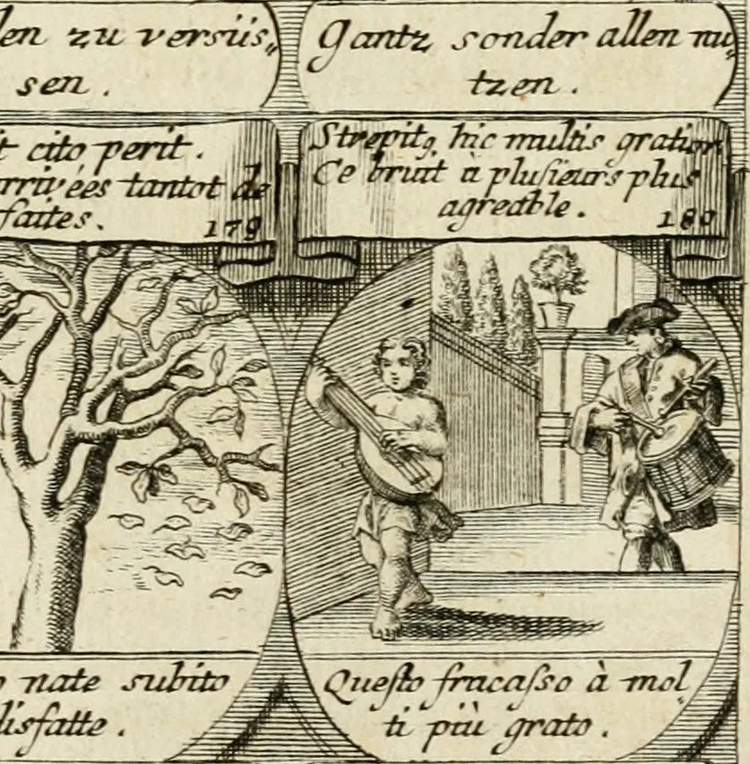 An illustration from M. Laurentii Wolfgangi Woyttens Emblematischer Parnassus : worauf die Musen, ihre Blumen-Lese, zu allerhand Freuden und Trauer-Kräntzen halten : um, den Lob-werthen Tugend-Chor, durch angenehme Rosen : hergegen, das ungezähmte Laster-Thun, mit wildem Dorn- und Distel-Flor, zu krönen : nach specialem Verlangen, in einem Gefilde, von funffzehen Hundert in dreyen verschiedlichen Theilen verfassten .., 1727, leaf 124