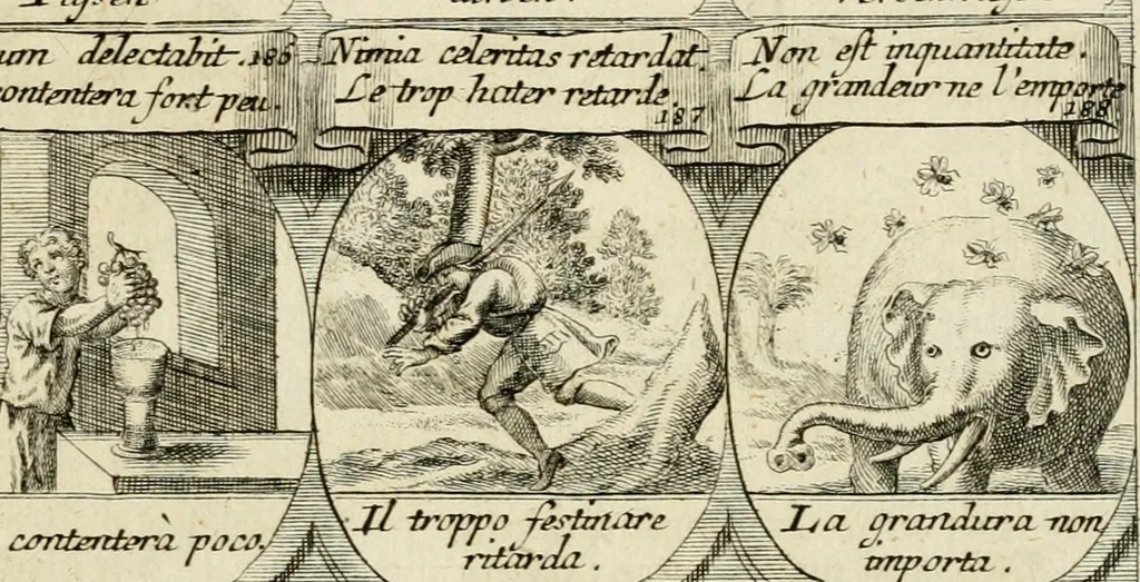 An illustration from M. Laurentii Wolfgangi Woyttens Emblematischer Parnassus : worauf die Musen, ihre Blumen-Lese, zu allerhand Freuden und Trauer-Kräntzen halten : um, den Lob-werthen Tugend-Chor, durch angenehme Rosen : hergegen, das ungezähmte Laster-Thun, mit wildem Dorn- und Distel-Flor, zu krönen : nach specialem Verlangen, in einem Gefilde, von funffzehen Hundert in dreyen verschiedlichen Theilen verfassten .., 1727, leaf 126