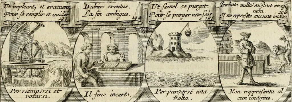 An illustration from M. Laurentii Wolfgangi Woyttens Emblematischer Parnassus : worauf die Musen, ihre Blumen-Lese, zu allerhand Freuden und Trauer-Kräntzen halten : um, den Lob-werthen Tugend-Chor, durch angenehme Rosen : hergegen, das ungezähmte Laster-Thun, mit wildem Dorn- und Distel-Flor, zu krönen : nach specialem Verlangen, in einem Gefilde, von funffzehen Hundert in dreyen verschiedlichen Theilen verfassten .., 1727, leaf 128