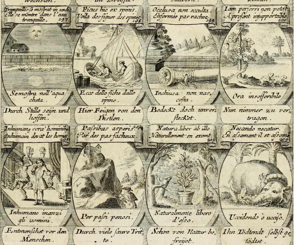 An illustration from M. Laurentii Wolfgangi Woyttens Emblematischer Parnassus : worauf die Musen, ihre Blumen-Lese, zu allerhand Freuden und Trauer-Kräntzen halten : um, den Lob-werthen Tugend-Chor, durch angenehme Rosen : hergegen, das ungezähmte Laster-Thun, mit wildem Dorn- und Distel-Flor, zu krönen : nach specialem Verlangen, in einem Gefilde, von funffzehen Hundert in dreyen verschiedlichen Theilen verfassten .., 1727, leaf 128