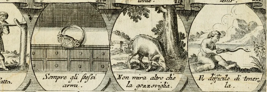 An illustration from M. Laurentii Wolfgangi Woyttens Emblematischer Parnassus : worauf die Musen, ihre Blumen-Lese, zu allerhand Freuden und Trauer-Kräntzen halten : um, den Lob-werthen Tugend-Chor, durch angenehme Rosen : hergegen, das ungezähmte Laster-Thun, mit wildem Dorn- und Distel-Flor, zu krönen : nach specialem Verlangen, in einem Gefilde, von funffzehen Hundert in dreyen verschiedlichen Theilen verfassten .., 1727, leaf 130