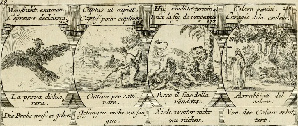 An illustration from M. Laurentii Wolfgangi Woyttens Emblematischer Parnassus : worauf die Musen, ihre Blumen-Lese, zu allerhand Freuden und Trauer-Kräntzen halten : um, den Lob-werthen Tugend-Chor, durch angenehme Rosen : hergegen, das ungezähmte Laster-Thun, mit wildem Dorn- und Distel-Flor, zu krönen : nach specialem Verlangen, in einem Gefilde, von funffzehen Hundert in dreyen verschiedlichen Theilen verfassten .., 1727, leaf 130