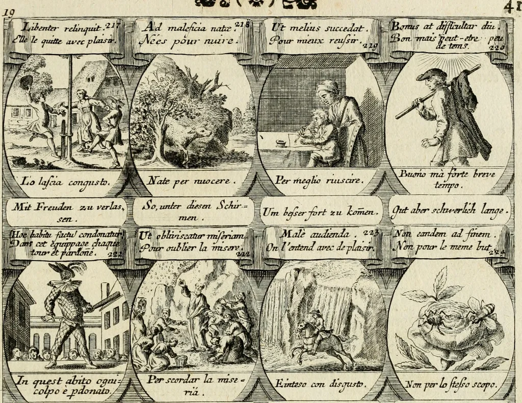 An illustration from M. Laurentii Wolfgangi Woyttens Emblematischer Parnassus : worauf die Musen, ihre Blumen-Lese, zu allerhand Freuden und Trauer-Kräntzen halten : um, den Lob-werthen Tugend-Chor, durch angenehme Rosen : hergegen, das ungezähmte Laster-Thun, mit wildem Dorn- und Distel-Flor, zu krönen : nach specialem Verlangen, in einem Gefilde, von funffzehen Hundert in dreyen verschiedlichen Theilen verfassten .., 1727, leaf 132