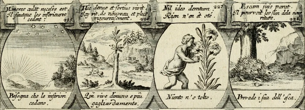An illustration from M. Laurentii Wolfgangi Woyttens Emblematischer Parnassus : worauf die Musen, ihre Blumen-Lese, zu allerhand Freuden und Trauer-Kräntzen halten : um, den Lob-werthen Tugend-Chor, durch angenehme Rosen : hergegen, das ungezähmte Laster-Thun, mit wildem Dorn- und Distel-Flor, zu krönen : nach specialem Verlangen, in einem Gefilde, von funffzehen Hundert in dreyen verschiedlichen Theilen verfassten .., 1727, leaf 132