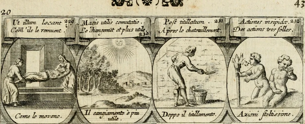An illustration from M. Laurentii Wolfgangi Woyttens Emblematischer Parnassus : worauf die Musen, ihre Blumen-Lese, zu allerhand Freuden und Trauer-Kräntzen halten : um, den Lob-werthen Tugend-Chor, durch angenehme Rosen : hergegen, das ungezähmte Laster-Thun, mit wildem Dorn- und Distel-Flor, zu krönen : nach specialem Verlangen, in einem Gefilde, von funffzehen Hundert in dreyen verschiedlichen Theilen verfassten .., 1727, leaf 134