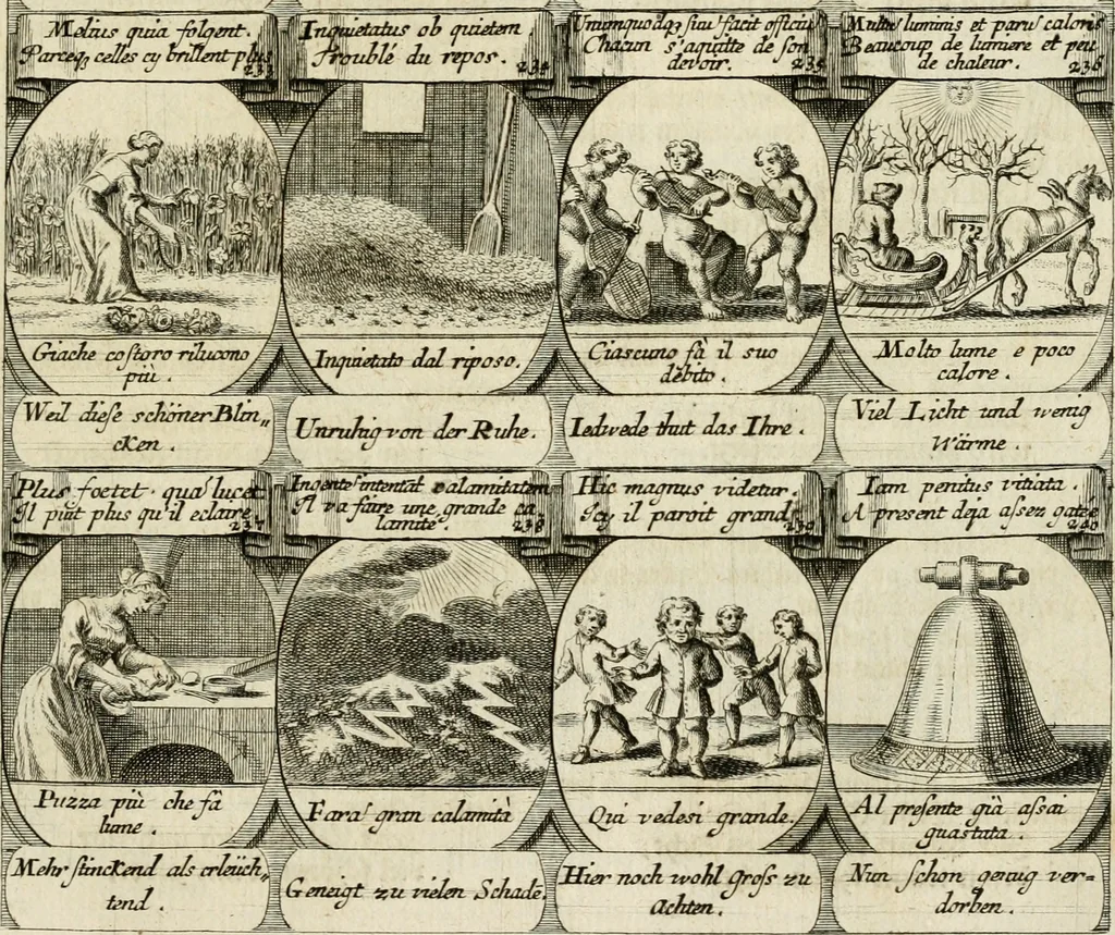 An illustration from M. Laurentii Wolfgangi Woyttens Emblematischer Parnassus : worauf die Musen, ihre Blumen-Lese, zu allerhand Freuden und Trauer-Kräntzen halten : um, den Lob-werthen Tugend-Chor, durch angenehme Rosen : hergegen, das ungezähmte Laster-Thun, mit wildem Dorn- und Distel-Flor, zu krönen : nach specialem Verlangen, in einem Gefilde, von funffzehen Hundert in dreyen verschiedlichen Theilen verfassten .., 1727, leaf 134