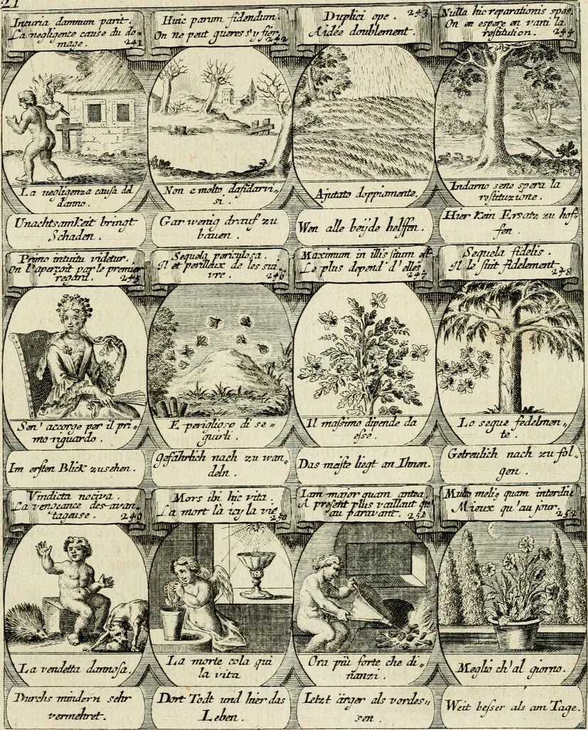 An illustration from M. Laurentii Wolfgangi Woyttens Emblematischer Parnassus : worauf die Musen, ihre Blumen-Lese, zu allerhand Freuden und Trauer-Kräntzen halten : um, den Lob-werthen Tugend-Chor, durch angenehme Rosen : hergegen, das ungezähmte Laster-Thun, mit wildem Dorn- und Distel-Flor, zu krönen : nach specialem Verlangen, in einem Gefilde, von funffzehen Hundert in dreyen verschiedlichen Theilen verfassten .., 1727, leaf 136