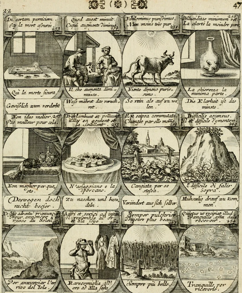 An illustration from M. Laurentii Wolfgangi Woyttens Emblematischer Parnassus : worauf die Musen, ihre Blumen-Lese, zu allerhand Freuden und Trauer-Kräntzen halten : um, den Lob-werthen Tugend-Chor, durch angenehme Rosen : hergegen, das ungezähmte Laster-Thun, mit wildem Dorn- und Distel-Flor, zu krönen : nach specialem Verlangen, in einem Gefilde, von funffzehen Hundert in dreyen verschiedlichen Theilen verfassten .., 1727, leaf 138