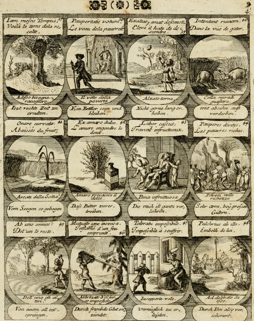 An illustration from M. Laurentii Wolfgangi Woyttens Emblematischer Parnassus : worauf die Musen, ihre Blumen-Lese, zu allerhand Freuden und Trauer-Kräntzen halten : um, den Lob-werthen Tugend-Chor, durch angenehme Rosen : hergegen, das ungezähmte Laster-Thun, mit wildem Dorn- und Distel-Flor, zu krönen : nach specialem Verlangen, in einem Gefilde, von funffzehen Hundert in dreyen verschiedlichen Theilen verfassten .., 1727, leaf 14