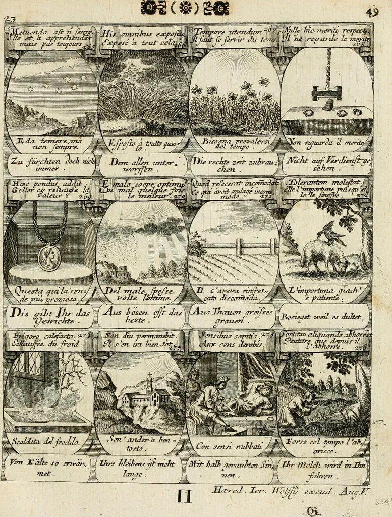 An illustration from M. Laurentii Wolfgangi Woyttens Emblematischer Parnassus : worauf die Musen, ihre Blumen-Lese, zu allerhand Freuden und Trauer-Kräntzen halten : um, den Lob-werthen Tugend-Chor, durch angenehme Rosen : hergegen, das ungezähmte Laster-Thun, mit wildem Dorn- und Distel-Flor, zu krönen : nach specialem Verlangen, in einem Gefilde, von funffzehen Hundert in dreyen verschiedlichen Theilen verfassten .., 1727, leaf 140