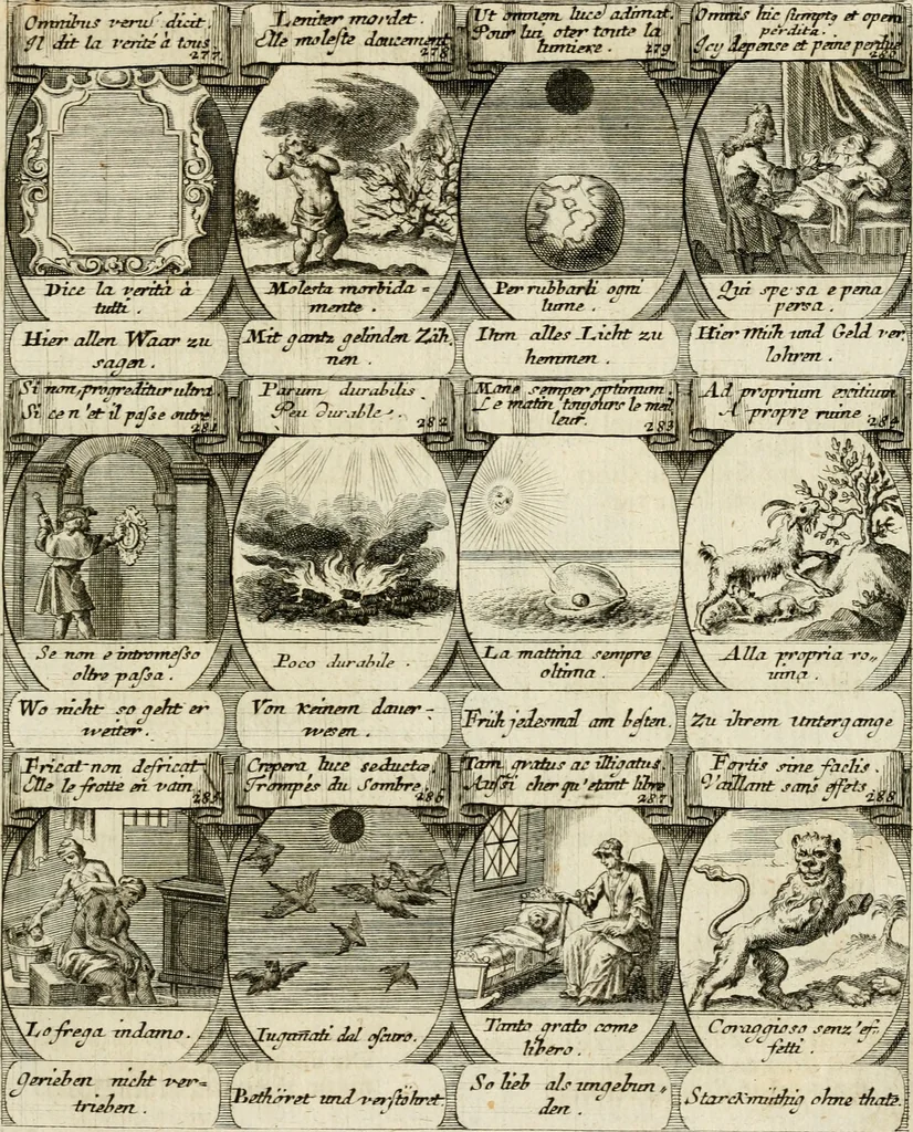 An illustration from M. Laurentii Wolfgangi Woyttens Emblematischer Parnassus : worauf die Musen, ihre Blumen-Lese, zu allerhand Freuden und Trauer-Kräntzen halten : um, den Lob-werthen Tugend-Chor, durch angenehme Rosen : hergegen, das ungezähmte Laster-Thun, mit wildem Dorn- und Distel-Flor, zu krönen : nach specialem Verlangen, in einem Gefilde, von funffzehen Hundert in dreyen verschiedlichen Theilen verfassten .., 1727, leaf 142