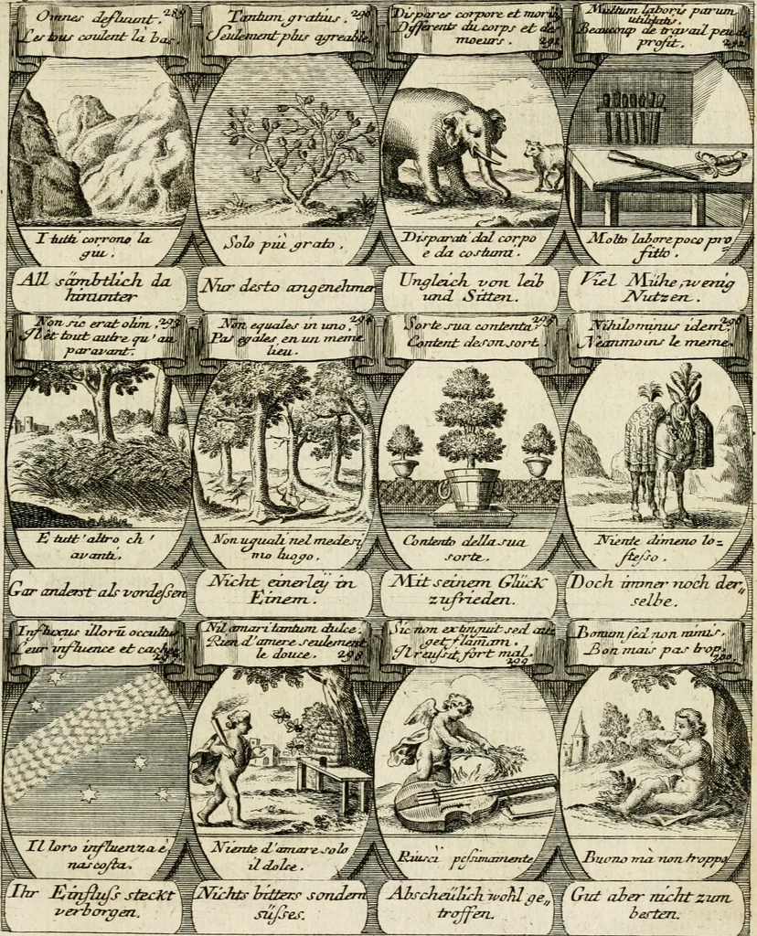 An illustration from M. Laurentii Wolfgangi Woyttens Emblematischer Parnassus : worauf die Musen, ihre Blumen-Lese, zu allerhand Freuden und Trauer-Kräntzen halten : um, den Lob-werthen Tugend-Chor, durch angenehme Rosen : hergegen, das ungezähmte Laster-Thun, mit wildem Dorn- und Distel-Flor, zu krönen : nach specialem Verlangen, in einem Gefilde, von funffzehen Hundert in dreyen verschiedlichen Theilen verfassten .., 1727, leaf 144