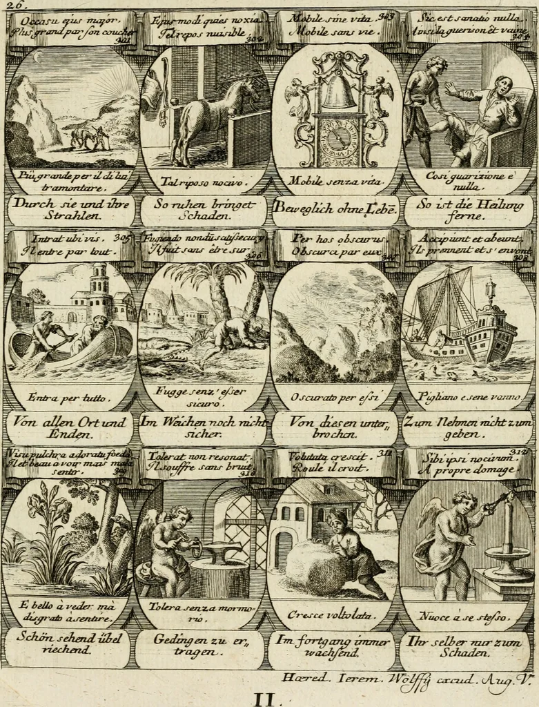 An illustration from M. Laurentii Wolfgangi Woyttens Emblematischer Parnassus : worauf die Musen, ihre Blumen-Lese, zu allerhand Freuden und Trauer-Kräntzen halten : um, den Lob-werthen Tugend-Chor, durch angenehme Rosen : hergegen, das ungezähmte Laster-Thun, mit wildem Dorn- und Distel-Flor, zu krönen : nach specialem Verlangen, in einem Gefilde, von funffzehen Hundert in dreyen verschiedlichen Theilen verfassten .., 1727, leaf 146