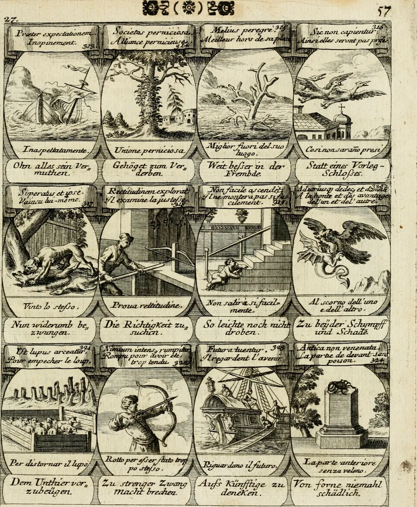 An illustration from M. Laurentii Wolfgangi Woyttens Emblematischer Parnassus : worauf die Musen, ihre Blumen-Lese, zu allerhand Freuden und Trauer-Kräntzen halten : um, den Lob-werthen Tugend-Chor, durch angenehme Rosen : hergegen, das ungezähmte Laster-Thun, mit wildem Dorn- und Distel-Flor, zu krönen : nach specialem Verlangen, in einem Gefilde, von funffzehen Hundert in dreyen verschiedlichen Theilen verfassten .., 1727, leaf 148