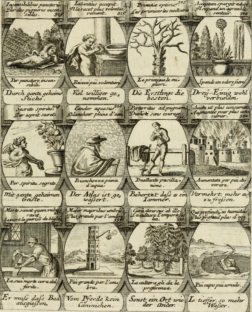 An illustration from M. Laurentii Wolfgangi Woyttens Emblematischer Parnassus : worauf die Musen, ihre Blumen-Lese, zu allerhand Freuden und Trauer-Kräntzen halten : um, den Lob-werthen Tugend-Chor, durch angenehme Rosen : hergegen, das ungezähmte Laster-Thun, mit wildem Dorn- und Distel-Flor, zu krönen : nach specialem Verlangen, in einem Gefilde, von funffzehen Hundert in dreyen verschiedlichen Theilen verfassten .., 1727, leaf 150