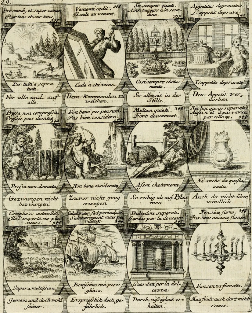 An illustration from M. Laurentii Wolfgangi Woyttens Emblematischer Parnassus : worauf die Musen, ihre Blumen-Lese, zu allerhand Freuden und Trauer-Kräntzen halten : um, den Lob-werthen Tugend-Chor, durch angenehme Rosen : hergegen, das ungezähmte Laster-Thun, mit wildem Dorn- und Distel-Flor, zu krönen : nach specialem Verlangen, in einem Gefilde, von funffzehen Hundert in dreyen verschiedlichen Theilen verfassten .., 1727, leaf 152