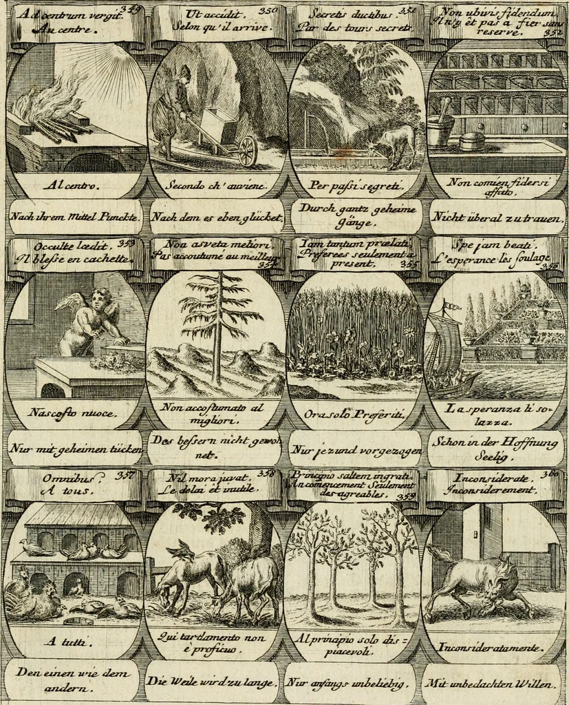 An illustration from M. Laurentii Wolfgangi Woyttens Emblematischer Parnassus : worauf die Musen, ihre Blumen-Lese, zu allerhand Freuden und Trauer-Kräntzen halten : um, den Lob-werthen Tugend-Chor, durch angenehme Rosen : hergegen, das ungezähmte Laster-Thun, mit wildem Dorn- und Distel-Flor, zu krönen : nach specialem Verlangen, in einem Gefilde, von funffzehen Hundert in dreyen verschiedlichen Theilen verfassten .., 1727, leaf 154