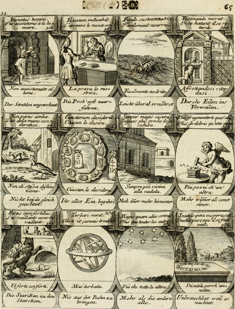 An illustration from M. Laurentii Wolfgangi Woyttens Emblematischer Parnassus : worauf die Musen, ihre Blumen-Lese, zu allerhand Freuden und Trauer-Kräntzen halten : um, den Lob-werthen Tugend-Chor, durch angenehme Rosen : hergegen, das ungezähmte Laster-Thun, mit wildem Dorn- und Distel-Flor, zu krönen : nach specialem Verlangen, in einem Gefilde, von funffzehen Hundert in dreyen verschiedlichen Theilen verfassten .., 1727, leaf 156