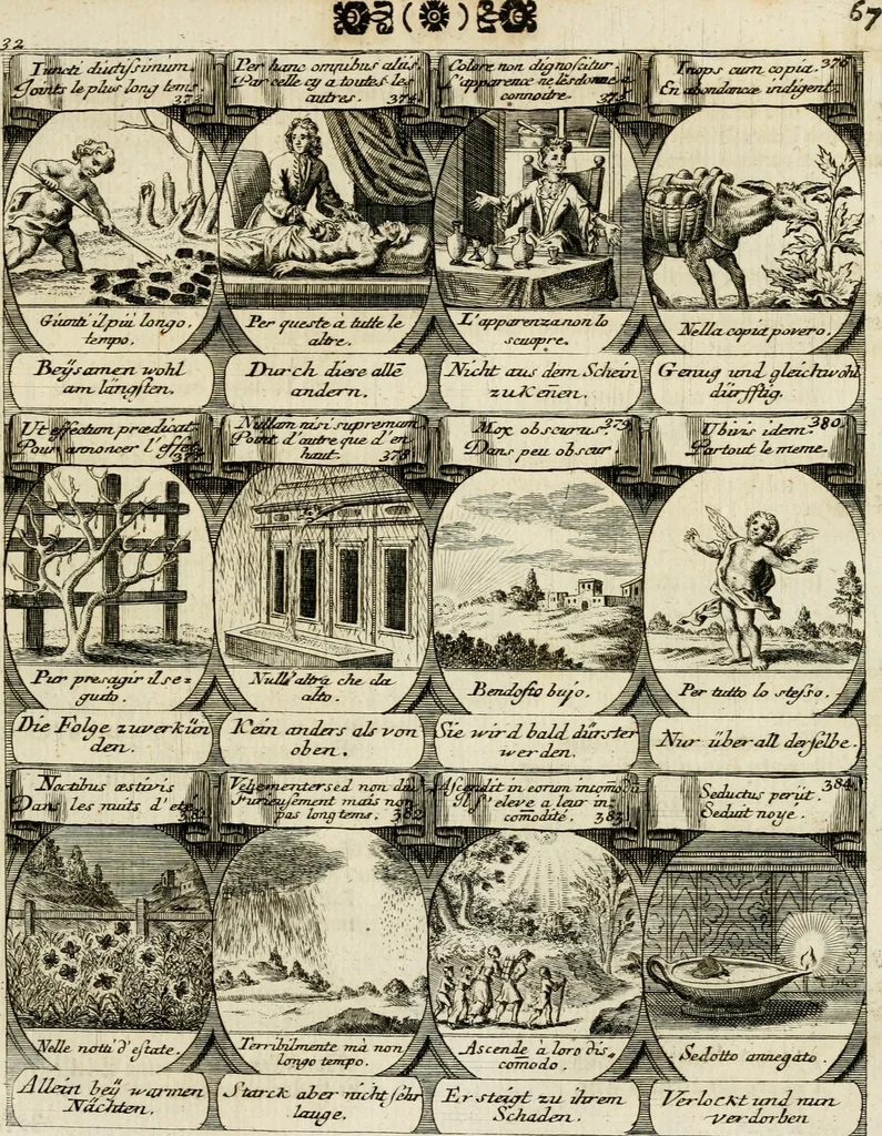 An illustration from M. Laurentii Wolfgangi Woyttens Emblematischer Parnassus : worauf die Musen, ihre Blumen-Lese, zu allerhand Freuden und Trauer-Kräntzen halten : um, den Lob-werthen Tugend-Chor, durch angenehme Rosen : hergegen, das ungezähmte Laster-Thun, mit wildem Dorn- und Distel-Flor, zu krönen : nach specialem Verlangen, in einem Gefilde, von funffzehen Hundert in dreyen verschiedlichen Theilen verfassten .., 1727, leaf 158