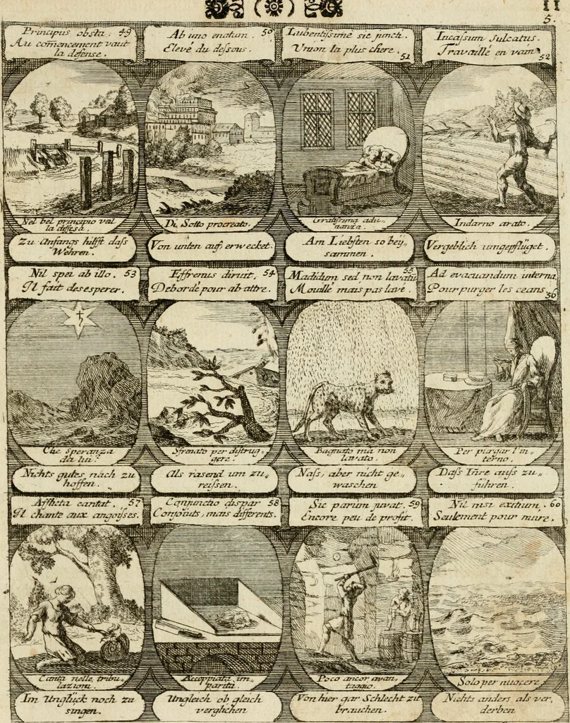 An illustration from M. Laurentii Wolfgangi Woyttens Emblematischer Parnassus : worauf die Musen, ihre Blumen-Lese, zu allerhand Freuden und Trauer-Kräntzen halten : um, den Lob-werthen Tugend-Chor, durch angenehme Rosen : hergegen, das ungezähmte Laster-Thun, mit wildem Dorn- und Distel-Flor, zu krönen : nach specialem Verlangen, in einem Gefilde, von funffzehen Hundert in dreyen verschiedlichen Theilen verfassten .., 1727, leaf 16