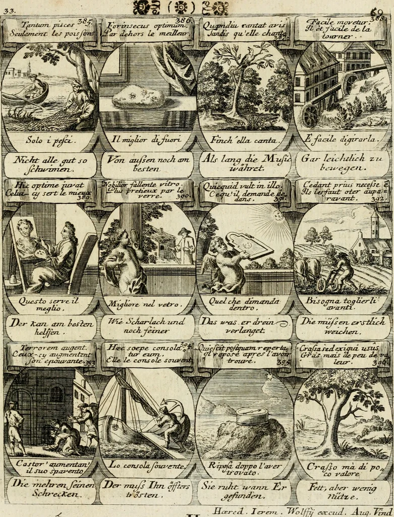 An illustration from M. Laurentii Wolfgangi Woyttens Emblematischer Parnassus : worauf die Musen, ihre Blumen-Lese, zu allerhand Freuden und Trauer-Kräntzen halten : um, den Lob-werthen Tugend-Chor, durch angenehme Rosen : hergegen, das ungezähmte Laster-Thun, mit wildem Dorn- und Distel-Flor, zu krönen : nach specialem Verlangen, in einem Gefilde, von funffzehen Hundert in dreyen verschiedlichen Theilen verfassten .., 1727, leaf 160