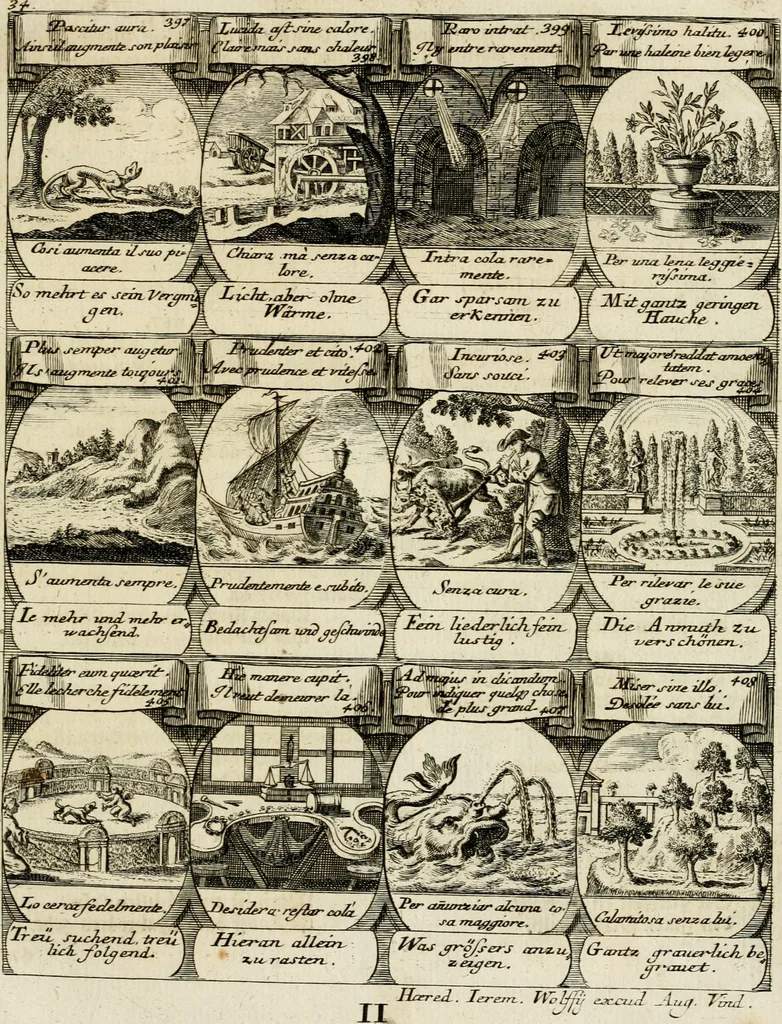 An illustration from M. Laurentii Wolfgangi Woyttens Emblematischer Parnassus : worauf die Musen, ihre Blumen-Lese, zu allerhand Freuden und Trauer-Kräntzen halten : um, den Lob-werthen Tugend-Chor, durch angenehme Rosen : hergegen, das ungezähmte Laster-Thun, mit wildem Dorn- und Distel-Flor, zu krönen : nach specialem Verlangen, in einem Gefilde, von funffzehen Hundert in dreyen verschiedlichen Theilen verfassten .., 1727, leaf 162