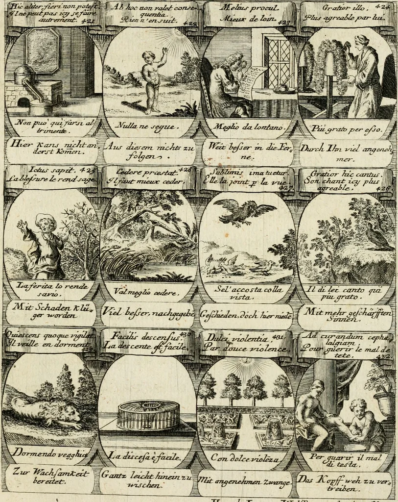 An illustration from M. Laurentii Wolfgangi Woyttens Emblematischer Parnassus : worauf die Musen, ihre Blumen-Lese, zu allerhand Freuden und Trauer-Kräntzen halten : um, den Lob-werthen Tugend-Chor, durch angenehme Rosen : hergegen, das ungezähmte Laster-Thun, mit wildem Dorn- und Distel-Flor, zu krönen : nach specialem Verlangen, in einem Gefilde, von funffzehen Hundert in dreyen verschiedlichen Theilen verfassten .., 1727, leaf 166