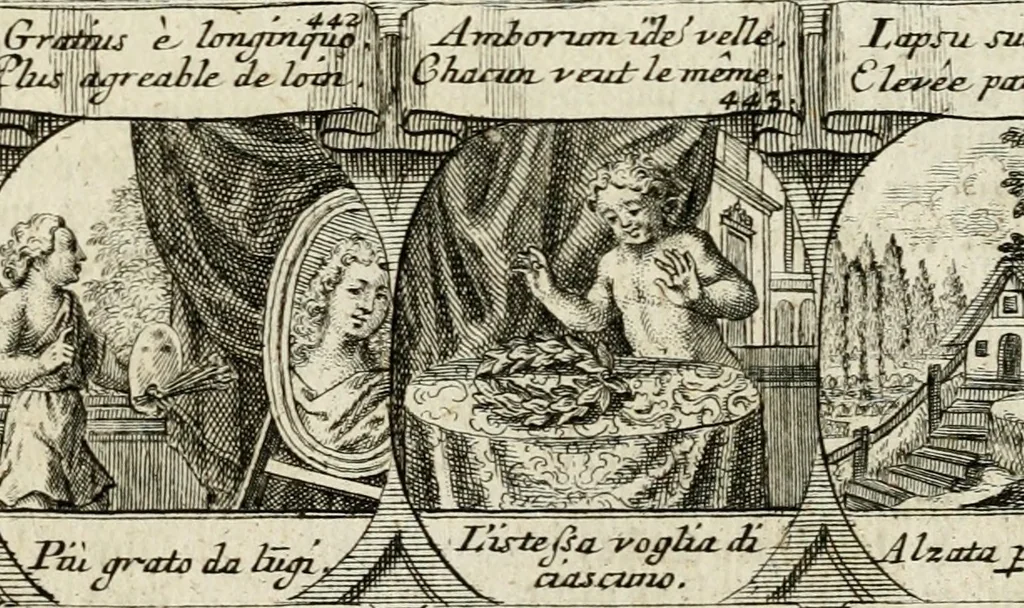 An illustration from M. Laurentii Wolfgangi Woyttens Emblematischer Parnassus : worauf die Musen, ihre Blumen-Lese, zu allerhand Freuden und Trauer-Kräntzen halten : um, den Lob-werthen Tugend-Chor, durch angenehme Rosen : hergegen, das ungezähmte Laster-Thun, mit wildem Dorn- und Distel-Flor, zu krönen : nach specialem Verlangen, in einem Gefilde, von funffzehen Hundert in dreyen verschiedlichen Theilen verfassten .., 1727, leaf 168