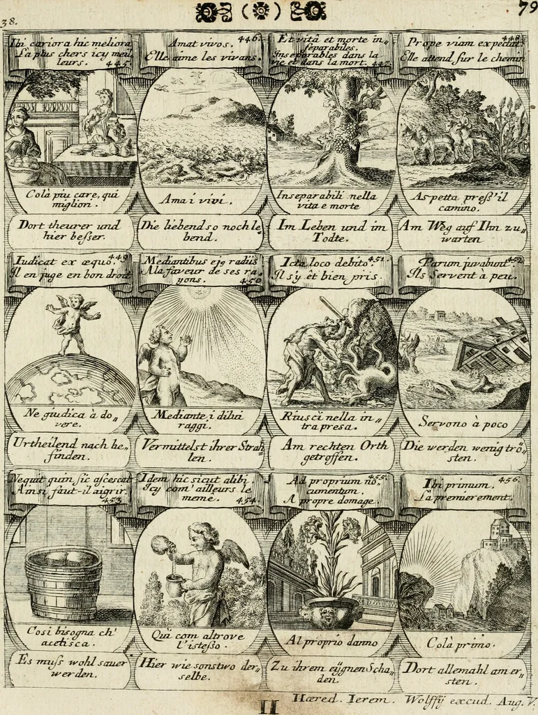 An illustration from M. Laurentii Wolfgangi Woyttens Emblematischer Parnassus : worauf die Musen, ihre Blumen-Lese, zu allerhand Freuden und Trauer-Kräntzen halten : um, den Lob-werthen Tugend-Chor, durch angenehme Rosen : hergegen, das ungezähmte Laster-Thun, mit wildem Dorn- und Distel-Flor, zu krönen : nach specialem Verlangen, in einem Gefilde, von funffzehen Hundert in dreyen verschiedlichen Theilen verfassten .., 1727, leaf 170