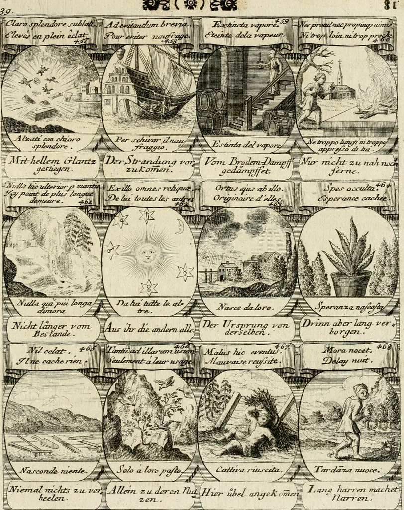 An illustration from M. Laurentii Wolfgangi Woyttens Emblematischer Parnassus : worauf die Musen, ihre Blumen-Lese, zu allerhand Freuden und Trauer-Kräntzen halten : um, den Lob-werthen Tugend-Chor, durch angenehme Rosen : hergegen, das ungezähmte Laster-Thun, mit wildem Dorn- und Distel-Flor, zu krönen : nach specialem Verlangen, in einem Gefilde, von funffzehen Hundert in dreyen verschiedlichen Theilen verfassten .., 1727, leaf 172